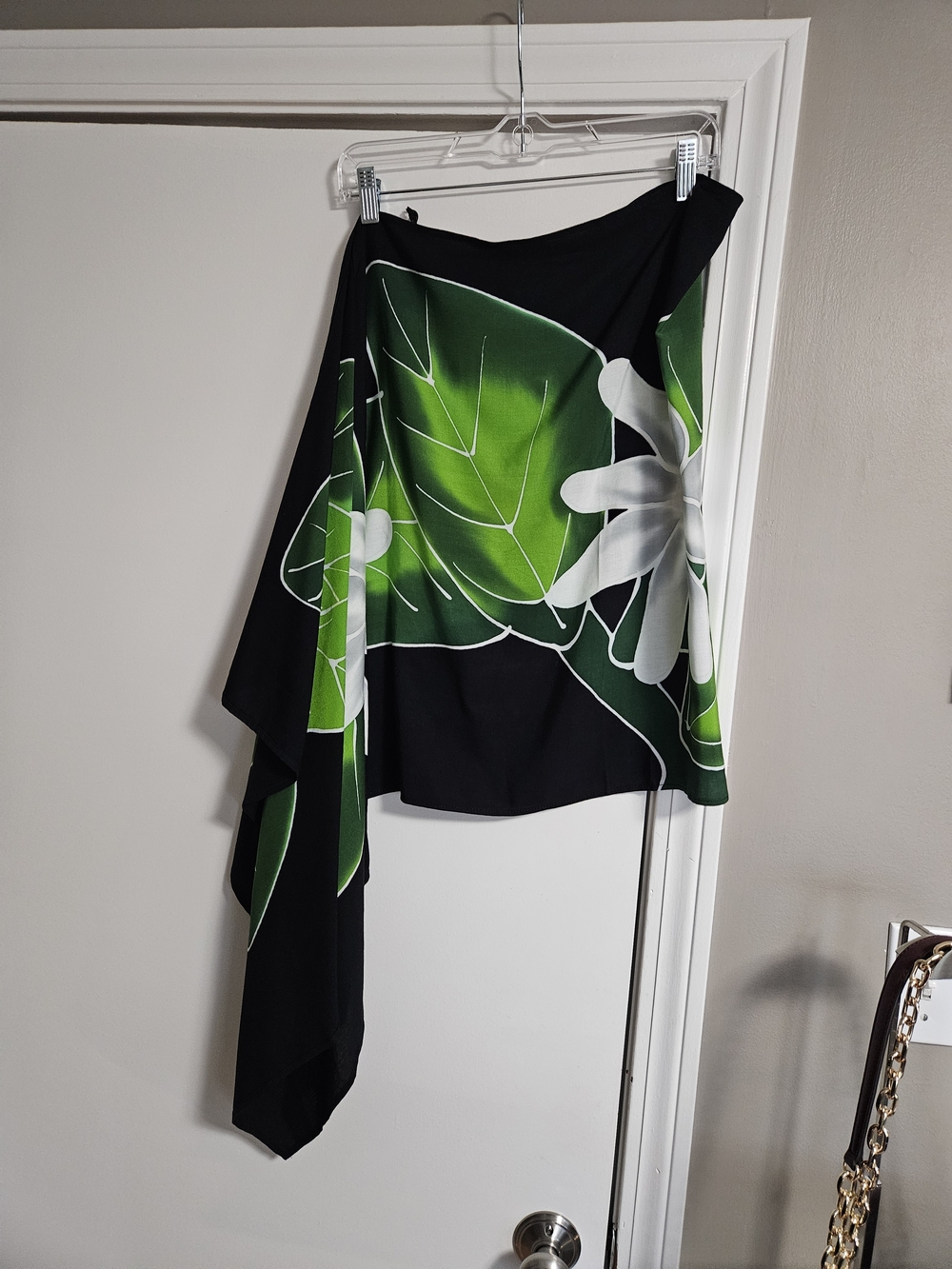 Black Hand Painted Sarong with Green Leaf & White Floral Print